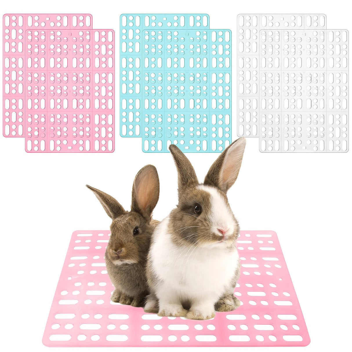 BICHENHWAI 6 Pack Pet Cage Mats 13.3"x9.8" Plastic Leak-Proof Floor Pads with Buckle (Blue/Pink/White) for Rabbits, Guinea Pigs Small Animals