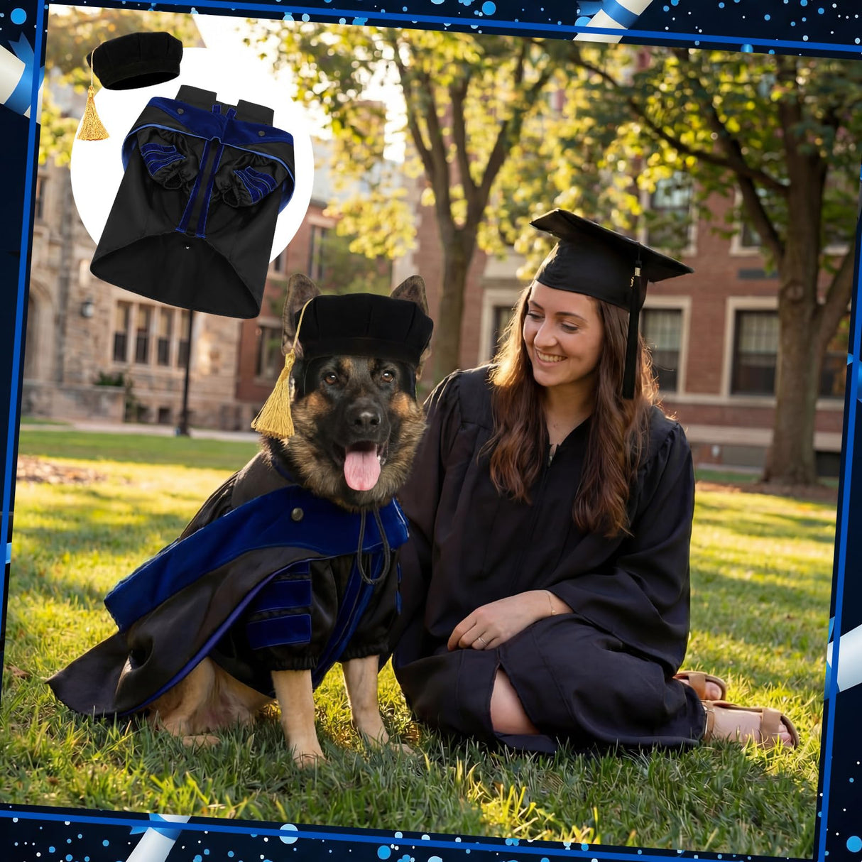 Huhumy 3 Pcs Dog Cat Graduation Doctoral Costume Set, 2026 Pet Graduation Cap and Deluxe Doctoral Gown with Hood Side Tam Puppy Kitty Dogs Cats Grad Holiday Party Costume Accessory(Black Blue,M)