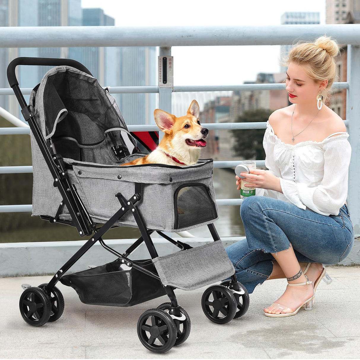 LPOTIUS Lightweight Dog Stroller with Reversible Handle for Medium Small Dogs and Cats, Foldable Pet Stroller Travel Carriage with Large Storage Basket, 4 Wheels, Linen Gray