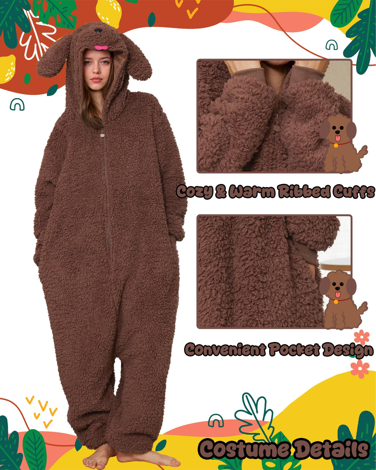 Hrxcrzco Unisex Poodle Dog Onesie Pajamas Cute Puppy Dog Costume Adult Halloween Animal Cosplay Costume Sleepwear Homewear, Dark Brown L