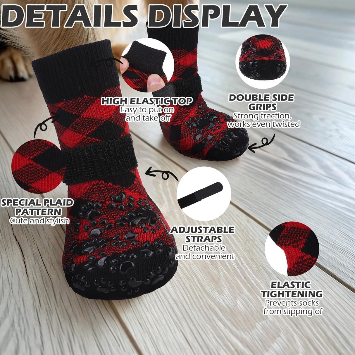 EXPAWLORER Dog Socks for Cold Winter Snow to Prevent Licking Paws, Anti Slip Doggie Booties Grippy Shoes for Hardwood Floors, Boots & Paw Protectors for Small Medium Large Senior Dogs Red Black S