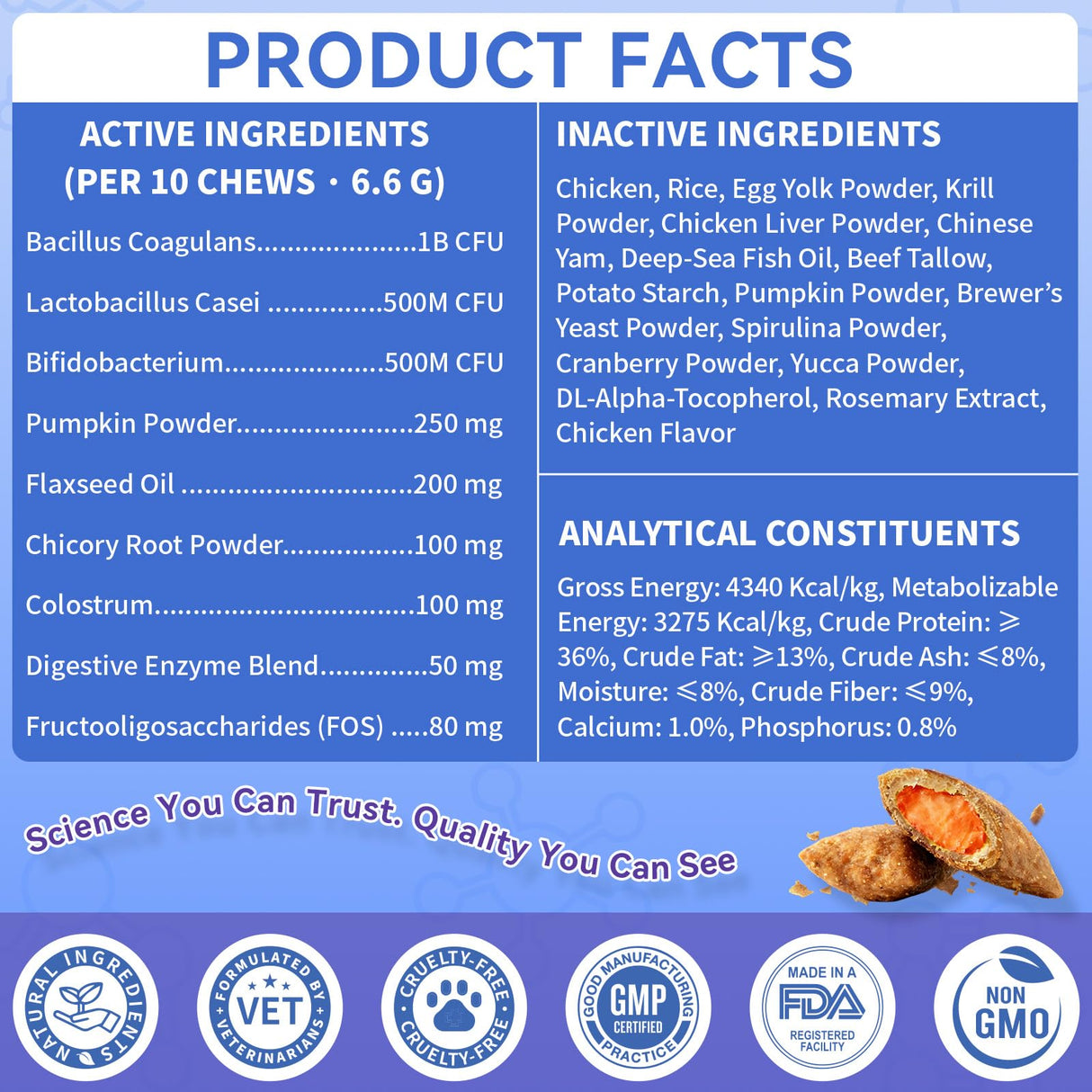 Dog Probiotics Chews 500 Chews, Sensitive Stomach Support Crunchy Shell with Krill Core, Triple Probiotics & Prebiotics, Digestion, Immunity & Skin Care, Chicken Flavor, for All Breeds & Sizes Dogs