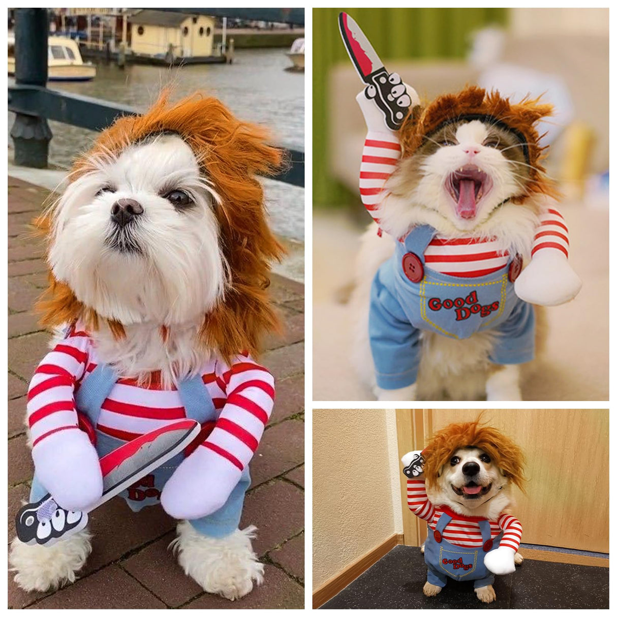 Dog Halloween Costume,Funny Chucky Dog Costume with Pet Wig,Cosplay Scary Outfit with Knife Clothes for Dogs (Medium)