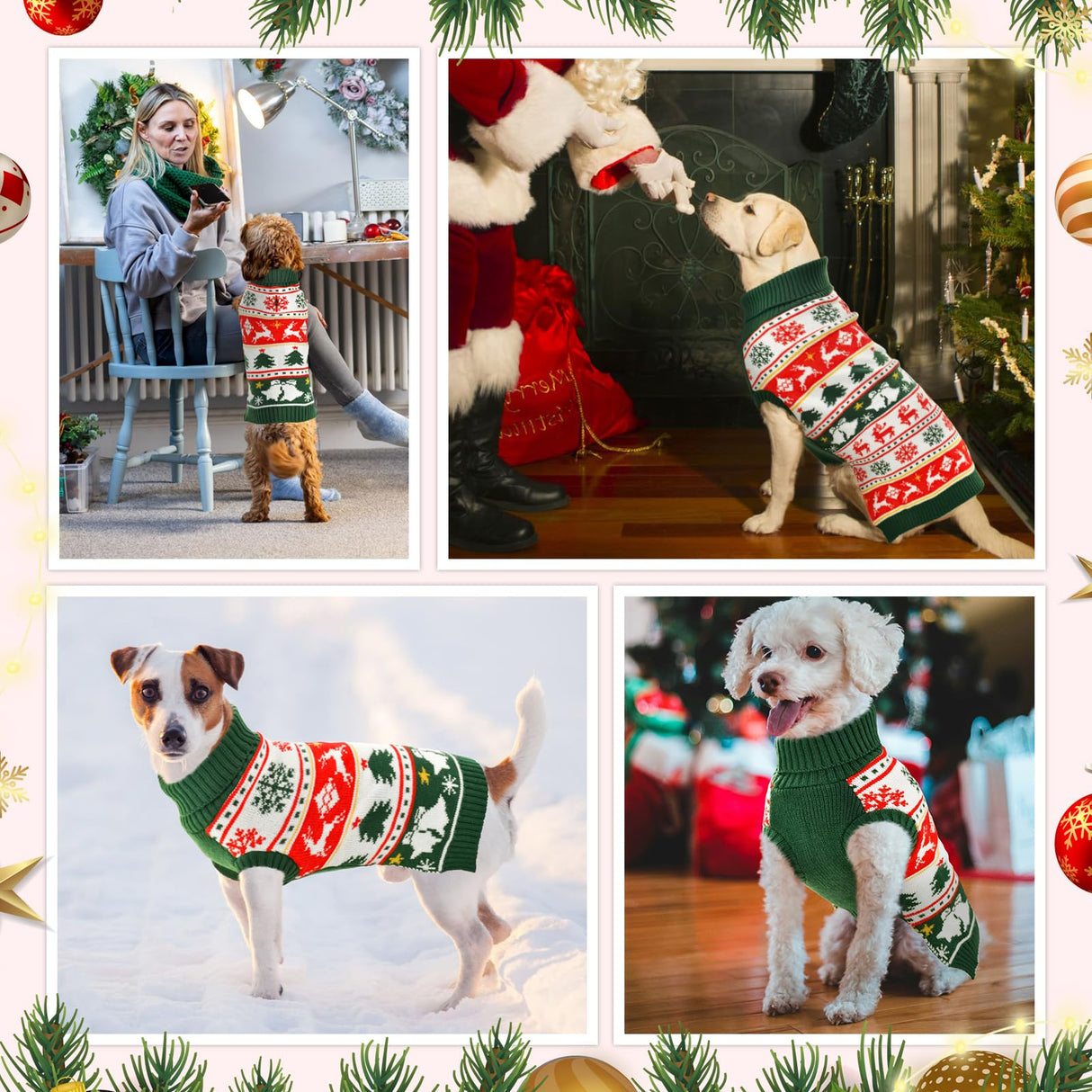 Vehomy Dog Christmas Sweater Warm Pet Xmas Turtleneck Sweater with Snowflakes Reindeers Bells Dog Christmas Knitwear Knitted Shirt Pullover Clothes for Medium Large Dogs L
