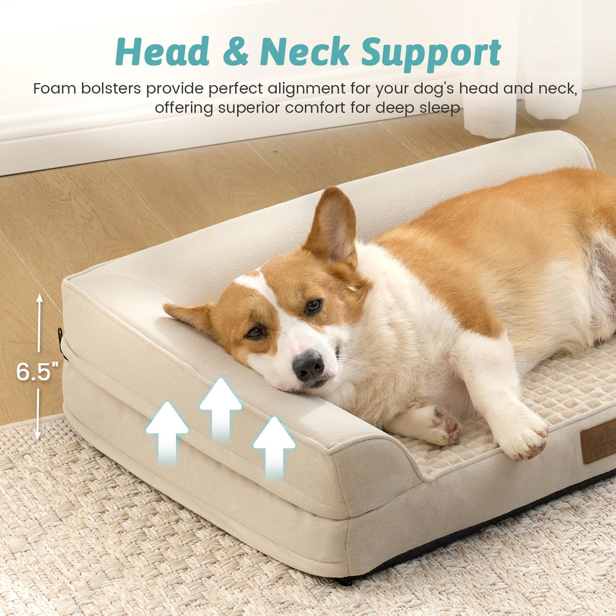 COZY KISS Orthopedic Dog Bed for Medium Small Size Dog, Dogs Crate Bed, L Shaped Foam Anti-Slip Bottom Pet Cat Sofa with Washable Removable Cover, Suitable for Pet Up to 40 lbs, 30x20x6.5 inch, Beige