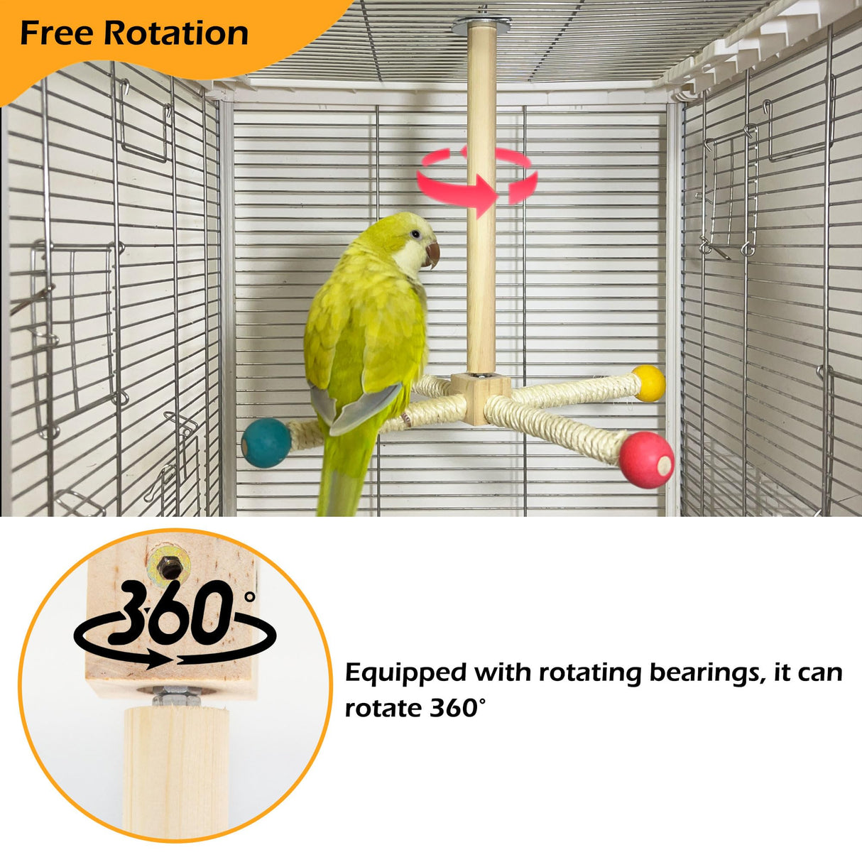 Large Bird Stand Perch Toy for Cage, Interactive Spinning Toys, Wooden Exercise Wheel Quaker Toy, Enrichment Bird Cage Accessories Perch Toys for Medium-Sized Birds Cockatiel Ring-Necked Caique (L)