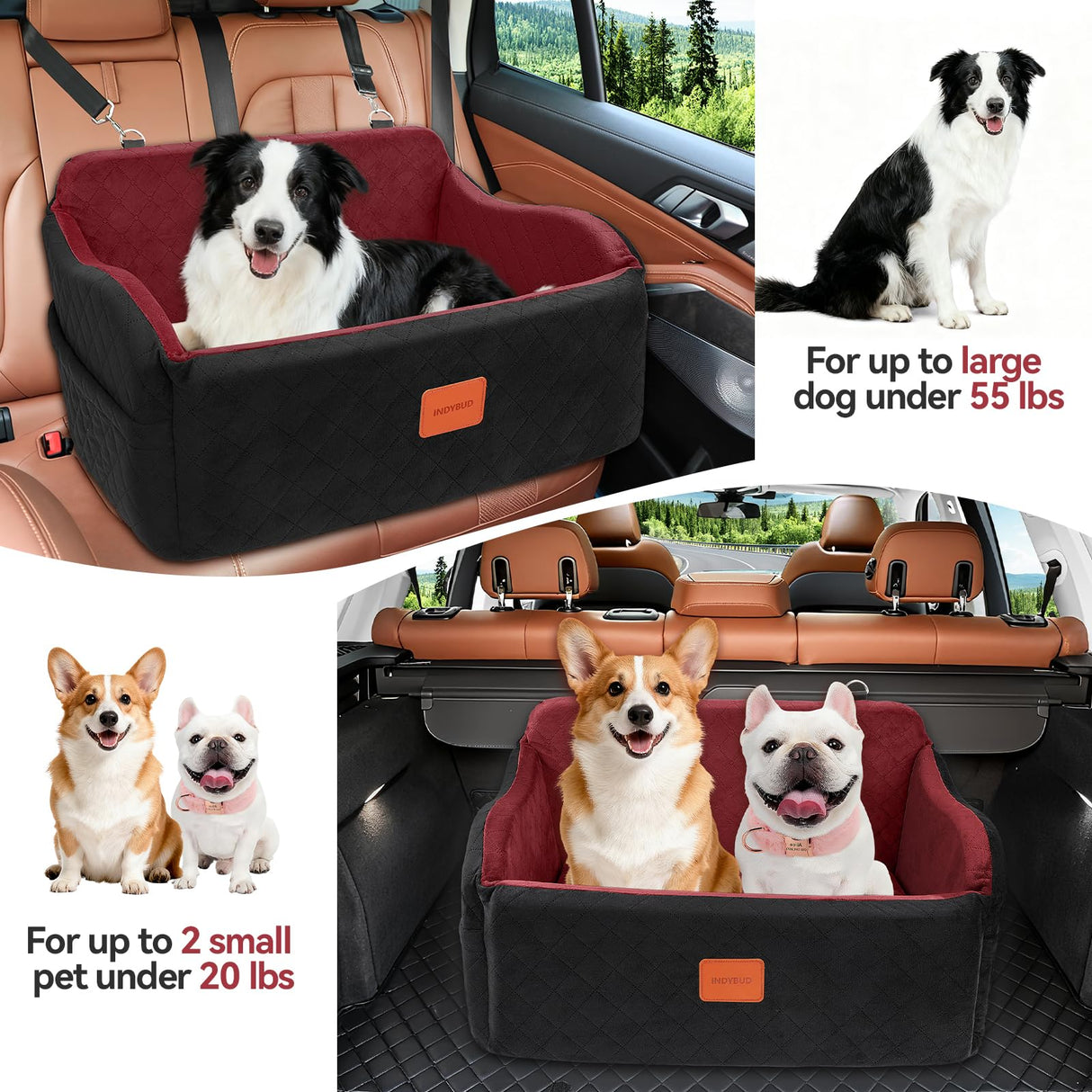 INDYBUD Dog Car Seat for Medium/Large Dogs, Memory Foam Pet Booster Seat for Under 55 lbs or 2 Small Dogs, Detachable Dog Car Bed for Backseat with 2 Safety Leashes and Pockets (Black/Red, Large)