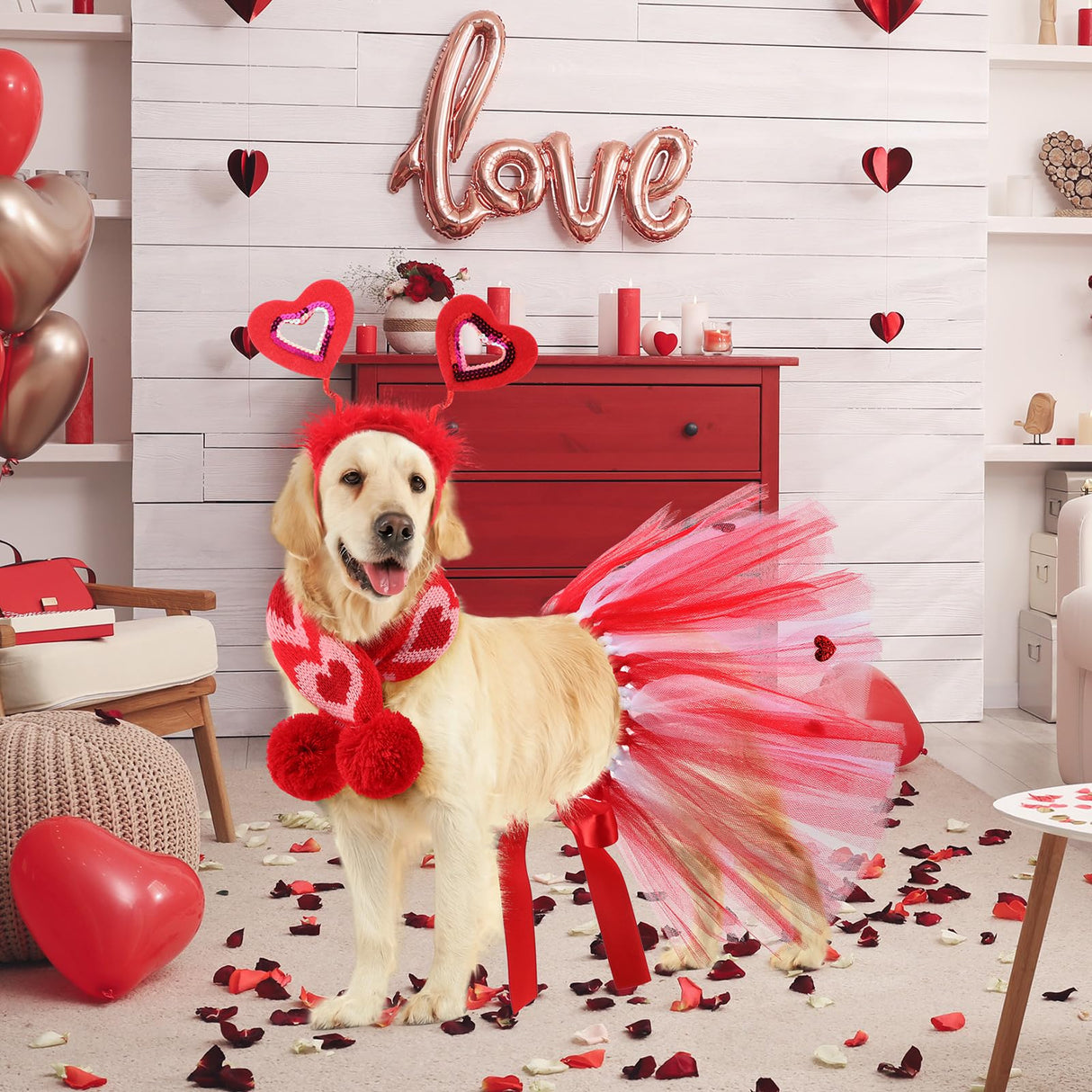 SilTriangle 3 Pieces Valentines Day Dog Costume Set Including Red Love Headband Valentines Dog Tutu Dress Cute Pet Tutu Red Pet Scarf for Medium Animal Holiday Outfit Accessory
