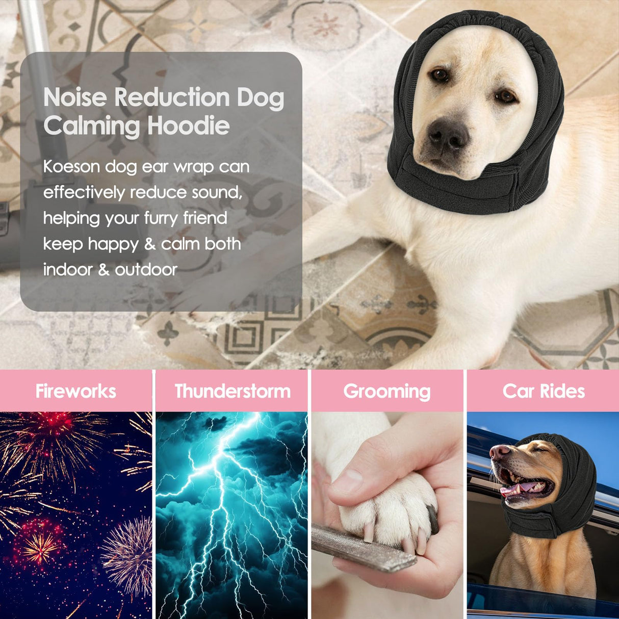 KOESON Dog Calming Hoodie, Soft & Adjustable No Shake Ear Wrap for Dogs Hematoma, Noise Protection Dog Head Muffs, Anxiety Relief Ear Cover for Dogs for Fireworks, Separation, Drying, Thunder