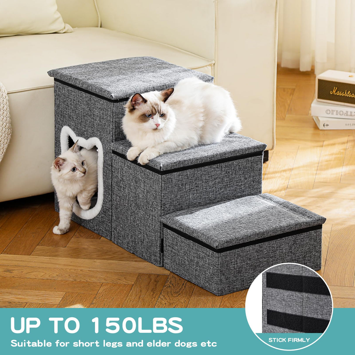 Crispedia Dog Stairs for Small Dogs, 3-Step Non-Slip Pet Stairs for Cats, Small Dog Steps with Storage and Condo, Indoor Cat Steps for Older Cats, Arthritis-Friendly, Grey