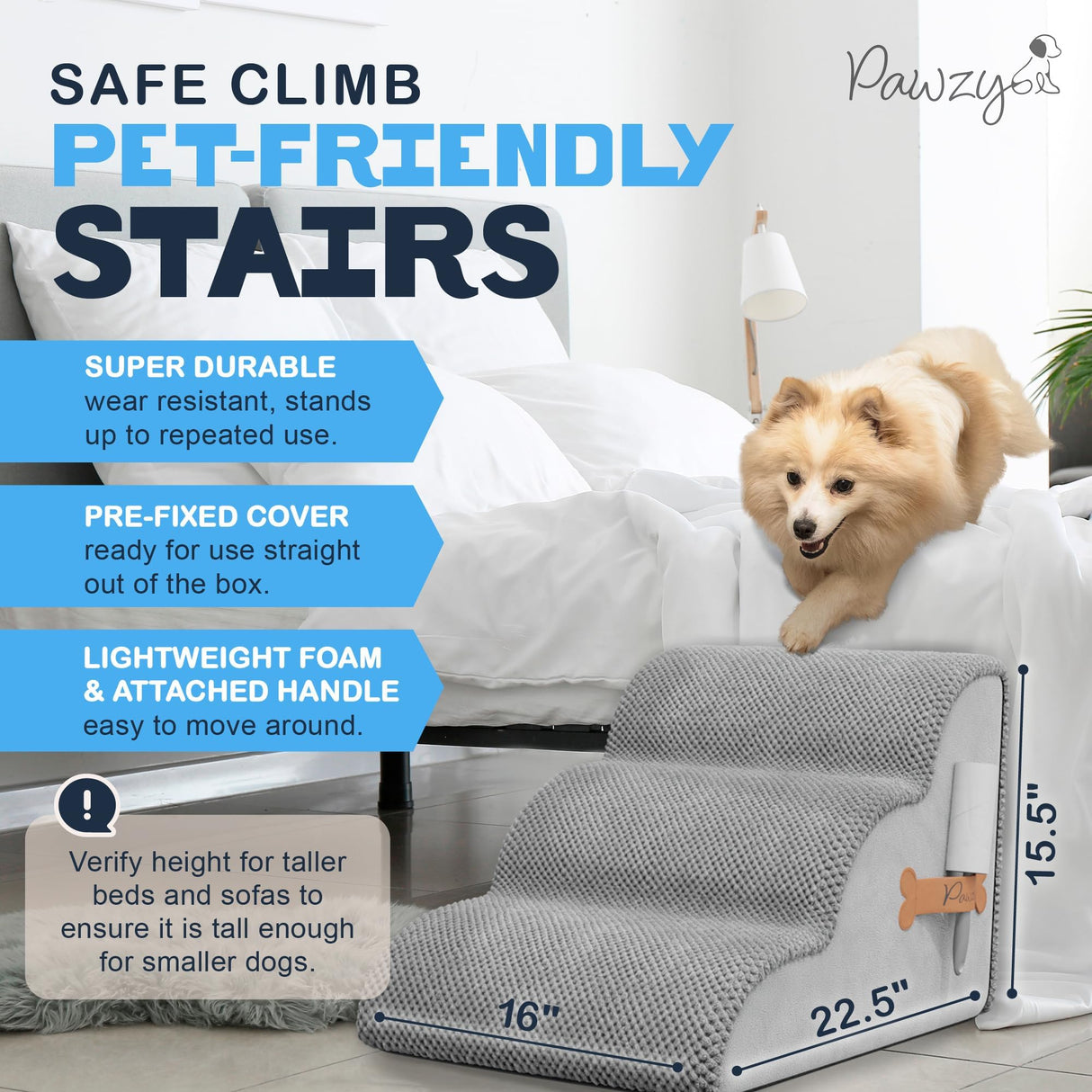 PAWZY Dog Stairs for Medium-Height Beds & Couches, 3-Step Foam Pet Steps 15.5” High for Small Dogs & Cats up to 60 lbs, Wide Non-Slip, Waterproof Washable Zipper Cover, No Assembly, Grey