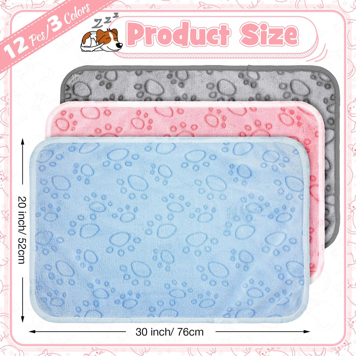 Tegeme 12 Pcs Pet Blankets Soft Fluffy Fleece Dog Cat Warm Paw Print Pattern Blankets Flannel Throw for Pets Dog Puppy Cat(30 x 20 Inch,Pink,Gray,Blue)
