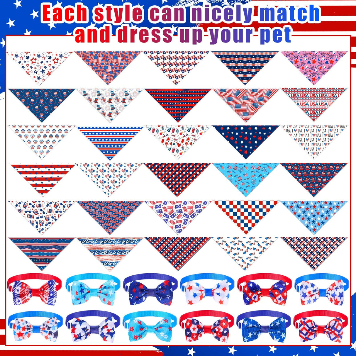 Chicingyou 108 Pcs Veterans Patriotic Dog Bandanas Bulks Star Stripe Adjustable Bow Ties for Dogs USA Flag Bowknot Triangle Scarf Kerchief for Pet Cat 4th of July Memorial Grooming Outfit