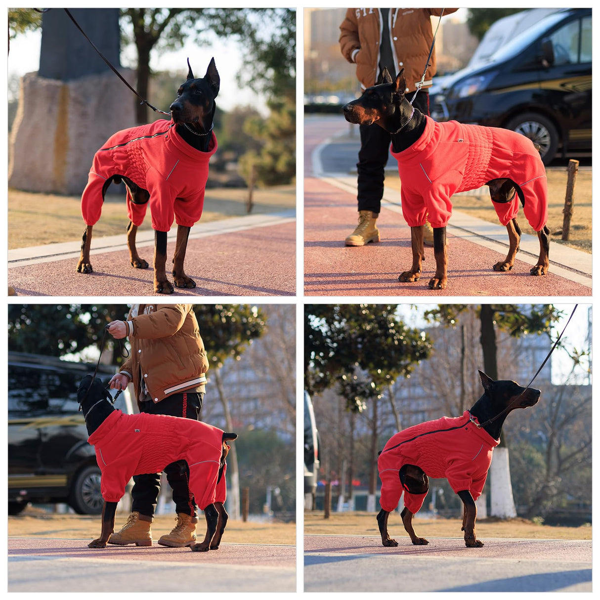 Lovelonglong Warm Dog Coat, Windproof Dog Jacket for Small Medium Large Dogs, 4 Legged Fleece Dog Winter Coat Zippered Closure Dog Outdoor Jacket Red S