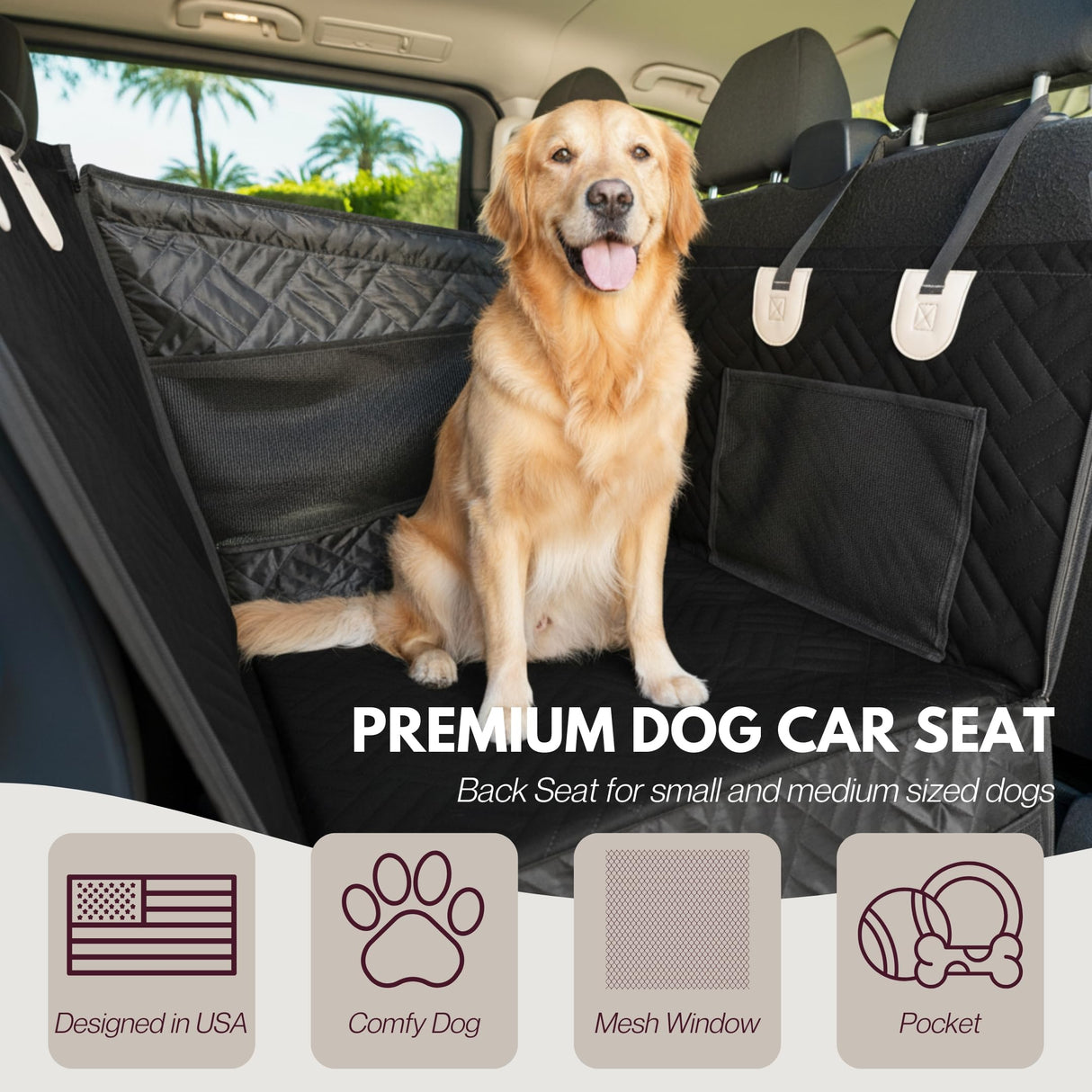 Dog Car Seat Cover with Hard Bottom – Back Seat Extender for Small & Medium Dogs, Waterproof & Non-Slip Hammock, Reinforced & Stable Design with Storage Pockets for Cars, SUVs & Trucks (Black)