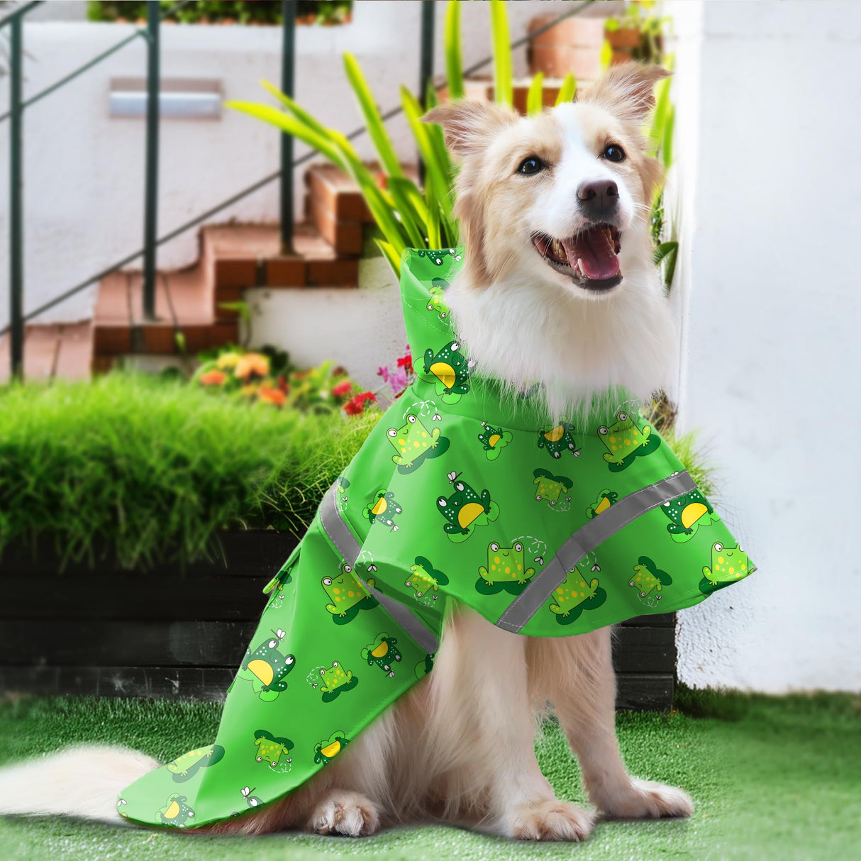 DELIFUR Large Dog Raincoat - Waterproof Dog Rain Poncho Adjustable Double Layer Rain Jacket with Hood for Medium Large Dogs Designed with Leash Hole Reflective Strip(Green Frog, X-Large)