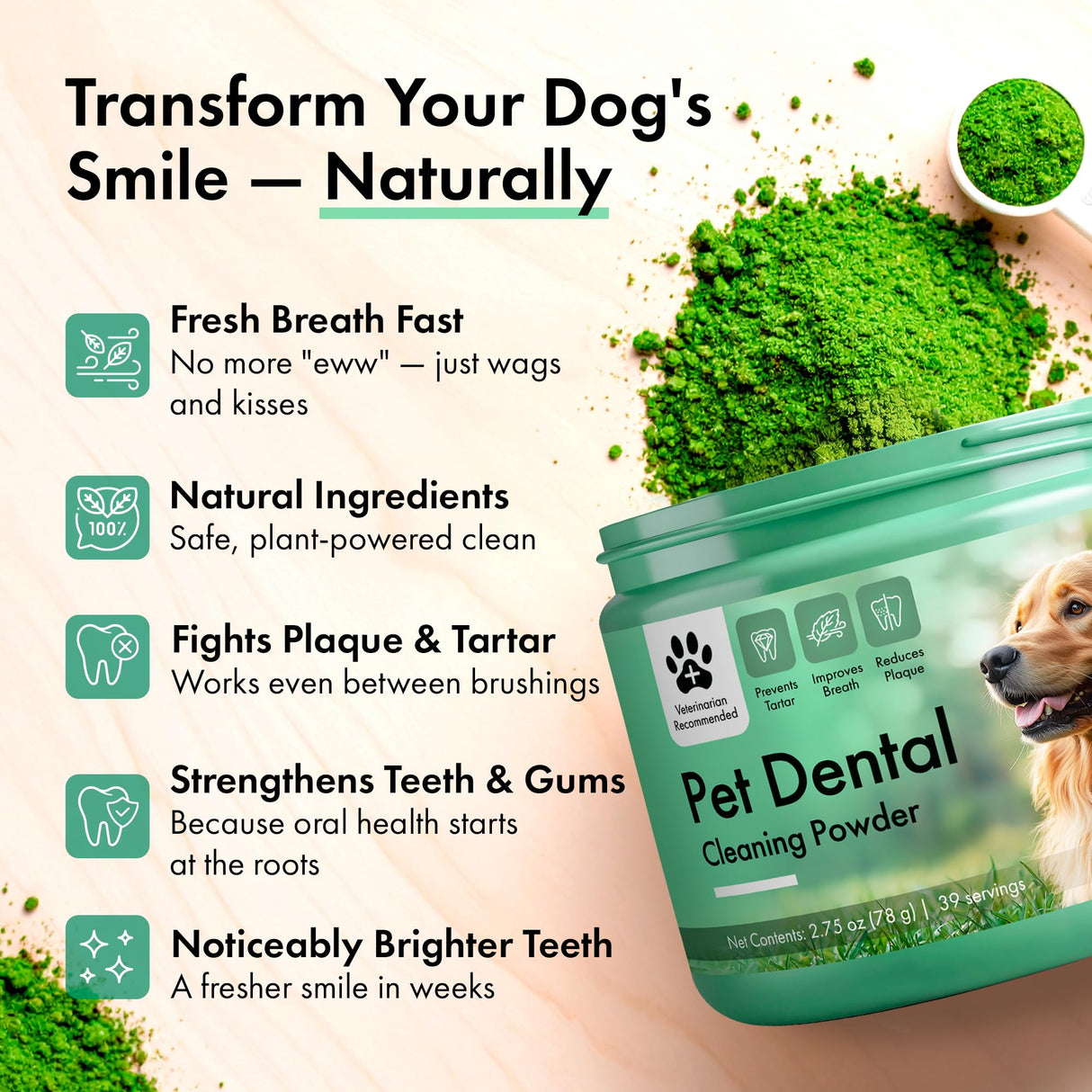 Dog Dental Powder – Dog Breath Freshener – Plaque Off and Tartar Remover for Dogs, Bad Breath Treatment, Natural Tooth Cleaning Powder for Dogs of All Breeds – Oral Care Supplement – Duck Flavor