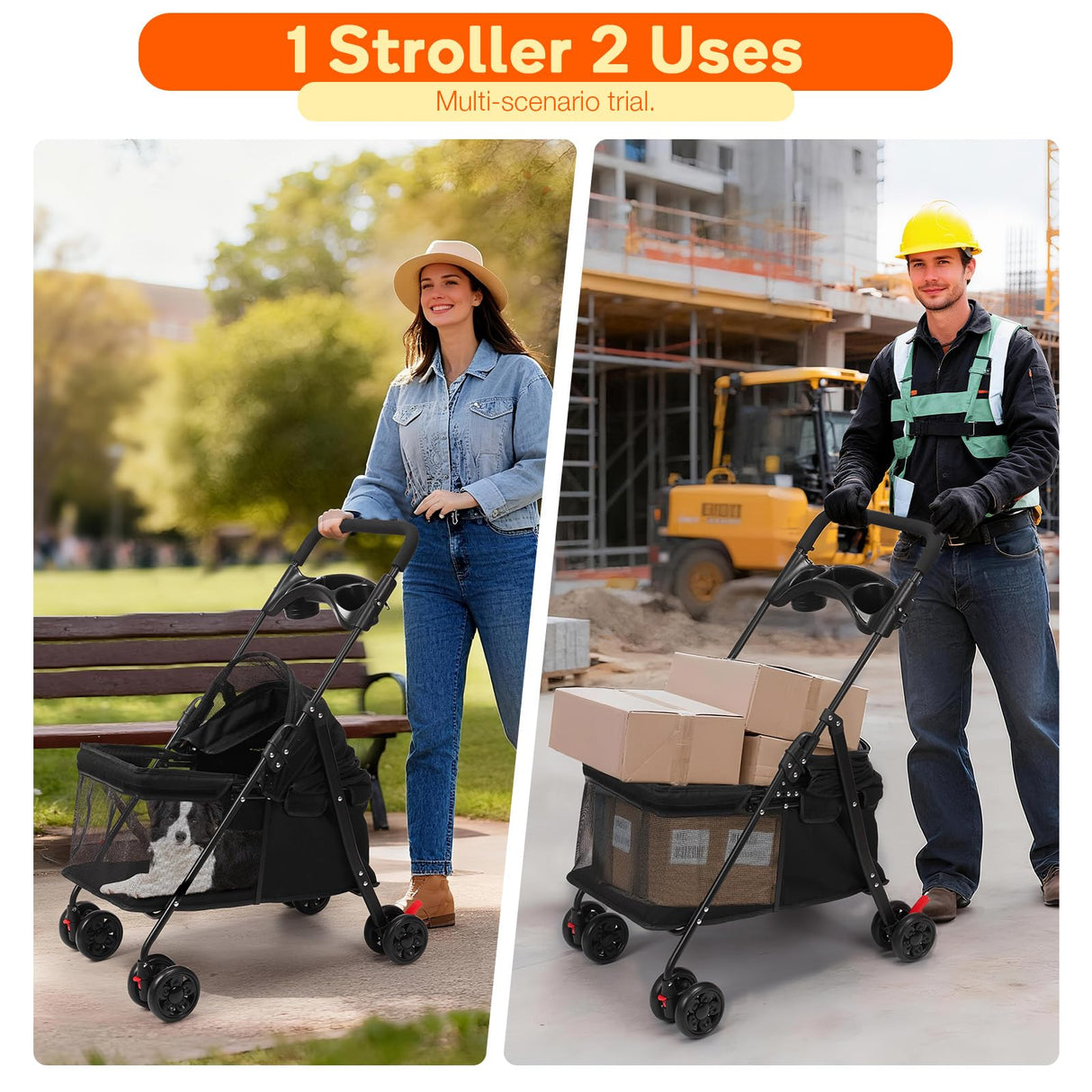 Foldable Pet Stroller for Small/Medium Dogs & Cats up to 22 lbs - Lightweight 4-Wheel Design with Sun Canopy, Storage Basket & Breathable Mesh Windows（Black