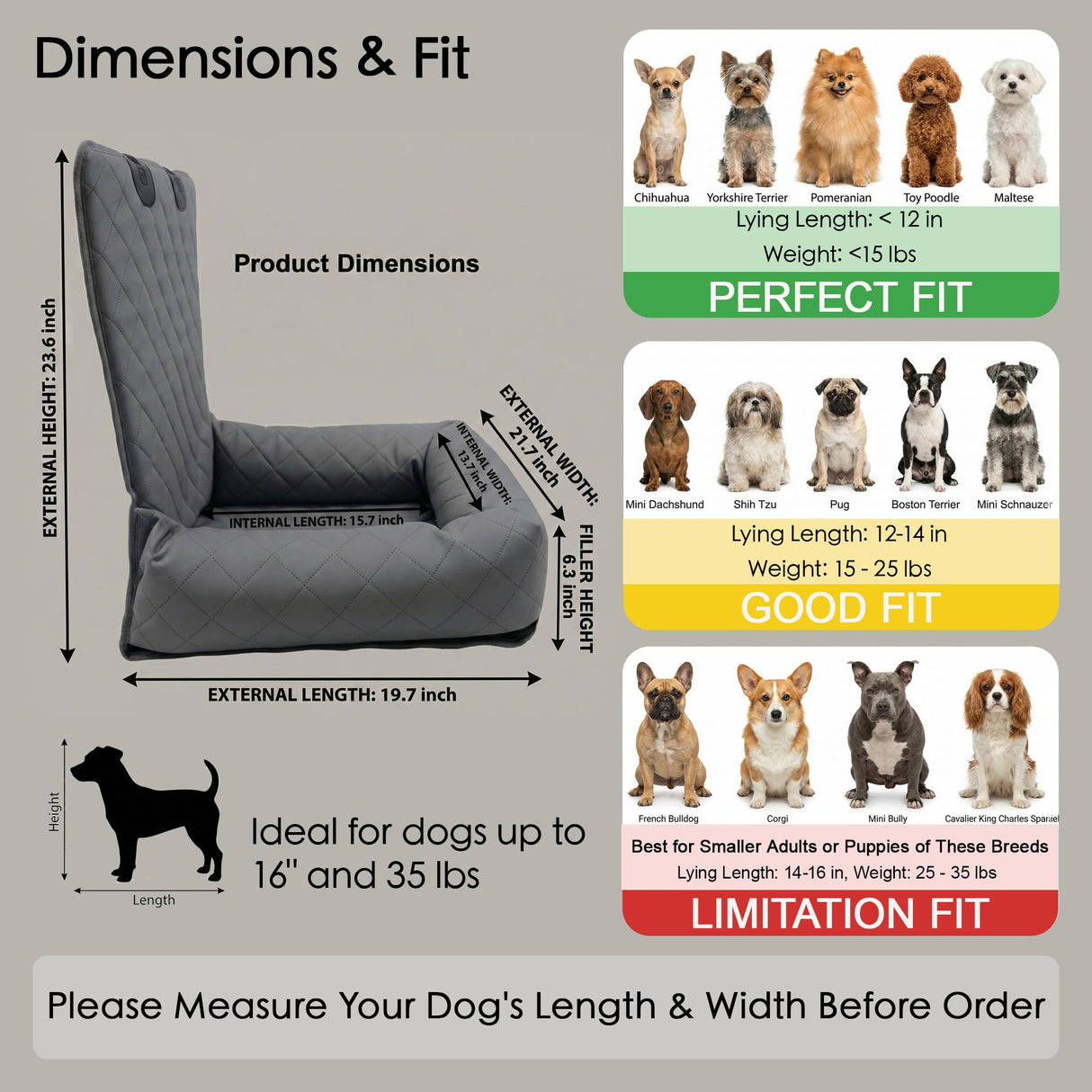 Microfiber Leather Dog Car Seat for Small & Medium Dogs, Waterproof Pet Car Seat with Washable Pee Pad, Scratch & Fur Resistant, Foldable Dog Bed for Home & Travel, Non-Slip Design, Matte Gray