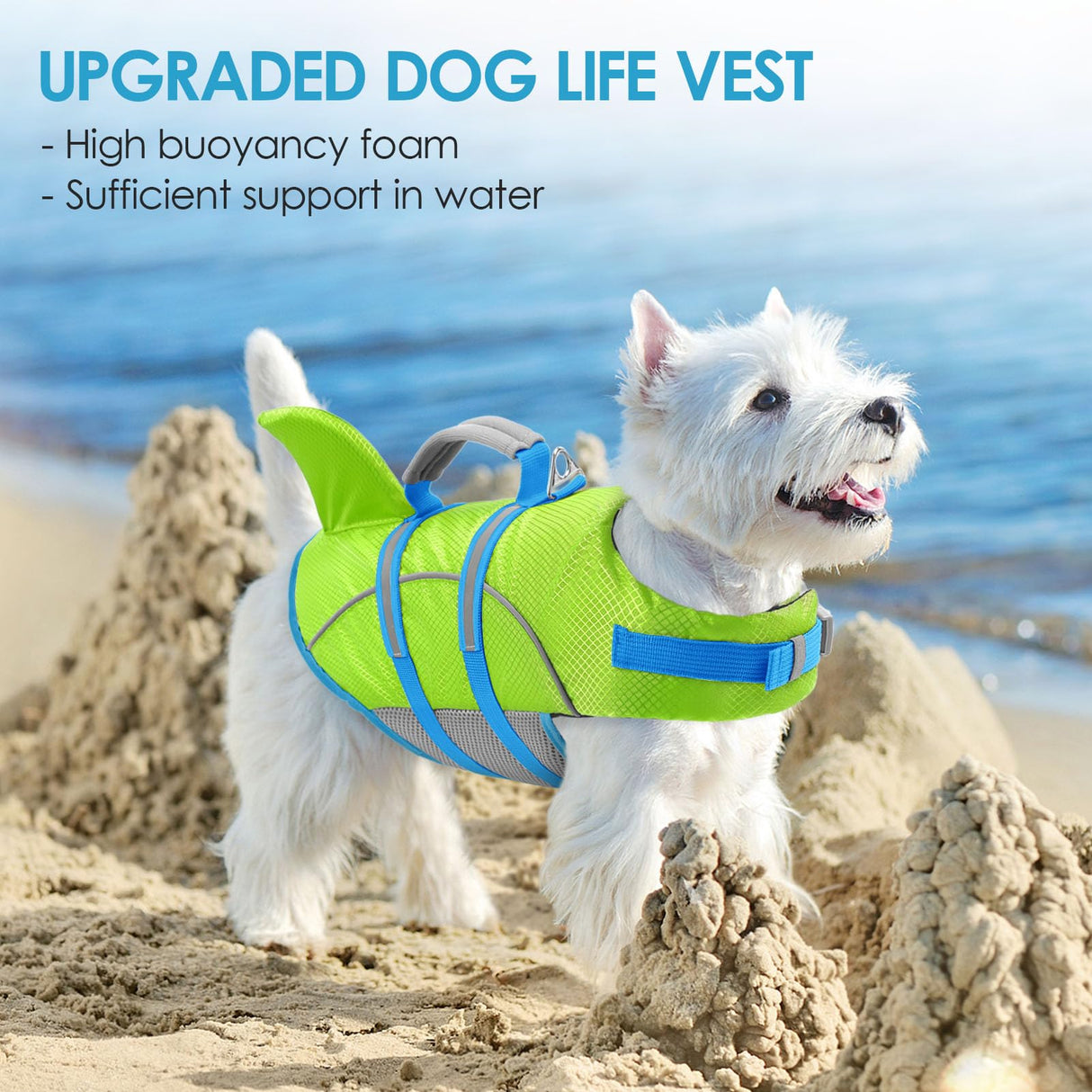 AOFITEE Medium Dog Life Jacket, Shark Life Jackets for Swimming Boating, Reflective Dog Swimming Vest with High Buoyancy, Pet Life Preserver with Rescue Handle for Medium Pets (Green M)