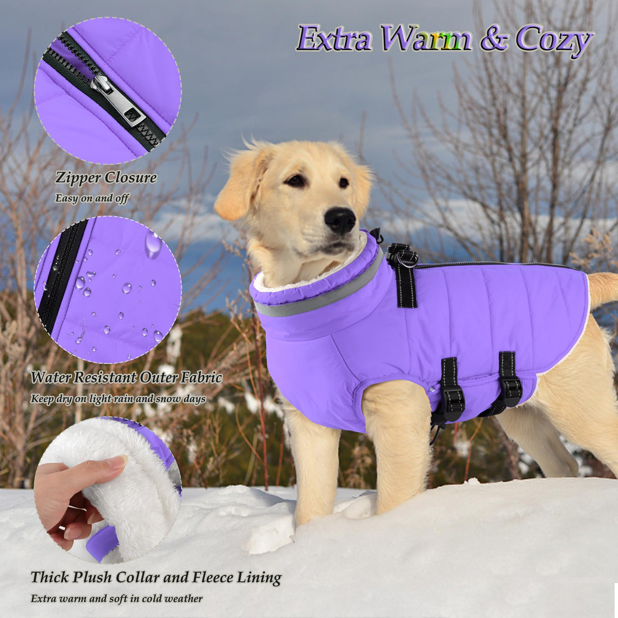 Dogcheer Dog Coat with Harness, Waterproof Dog Jacket Adjustable Winter Coat with Zipper, Christmas Puppy Snow Jacket Fleece Sweater for Small Medium Large Dogs - Taro Purple 3XL