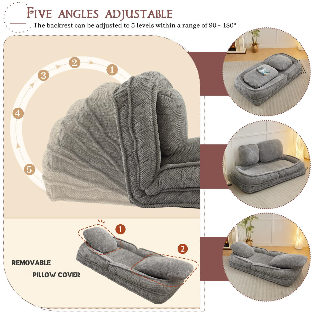 Upholstered Human Dog Bed for Adult & Pets, Convertible Lazy Sofa Bed with 5 Adjustable Position, Comfy Tatami Bean Bag Lounge Chair with 2 Soft Pillows for Bedroom Living Room Office (Gray)