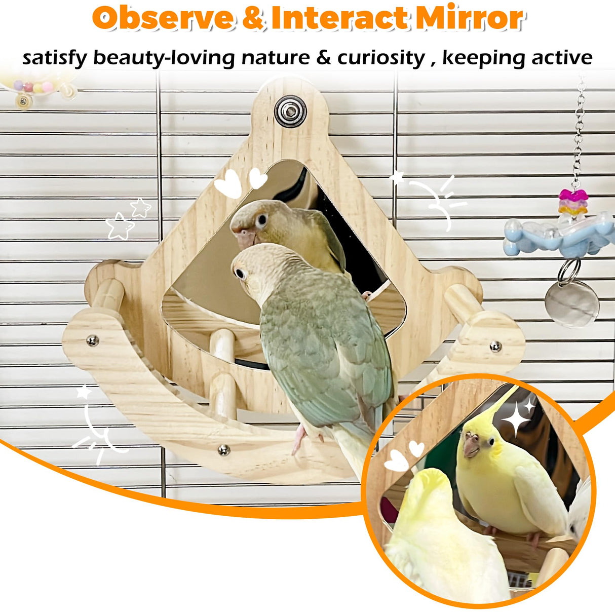 Bird Perch Toy with Mirror for Cage, Interactive Rocking Parakeet Toys and Perches, Wood Exercise Wheel Cockatiel Toys, Birds Enrichment Toy for Parrot, Bird Cage Accessories Perch for Budgies Conure