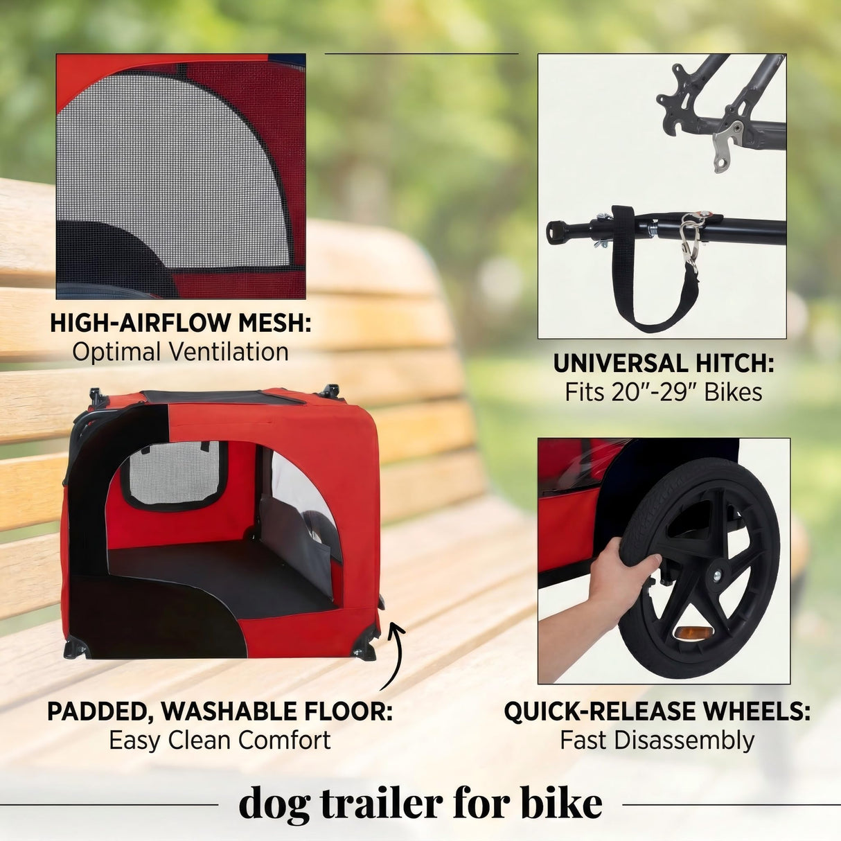 Heavy Duty Dog Bike Trailer with 16" All-Terrain Wheels & Universal Hitch, Foldable Pet/Cargo Carrier for Bicycles, Camping, Hiking (Red)