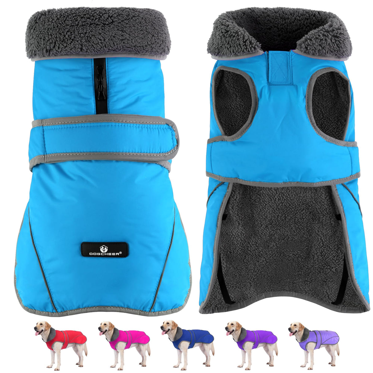 Dogcheer Dog Coat, Waterproof Dog Jacket Reflective Pet Winter Coat with Adjustable Hook & Loop, Christmas Puppy Fleece Jacket Warm Turtleneck Snowsuit for Small Medium Large Dogs - Sky Blue, L
