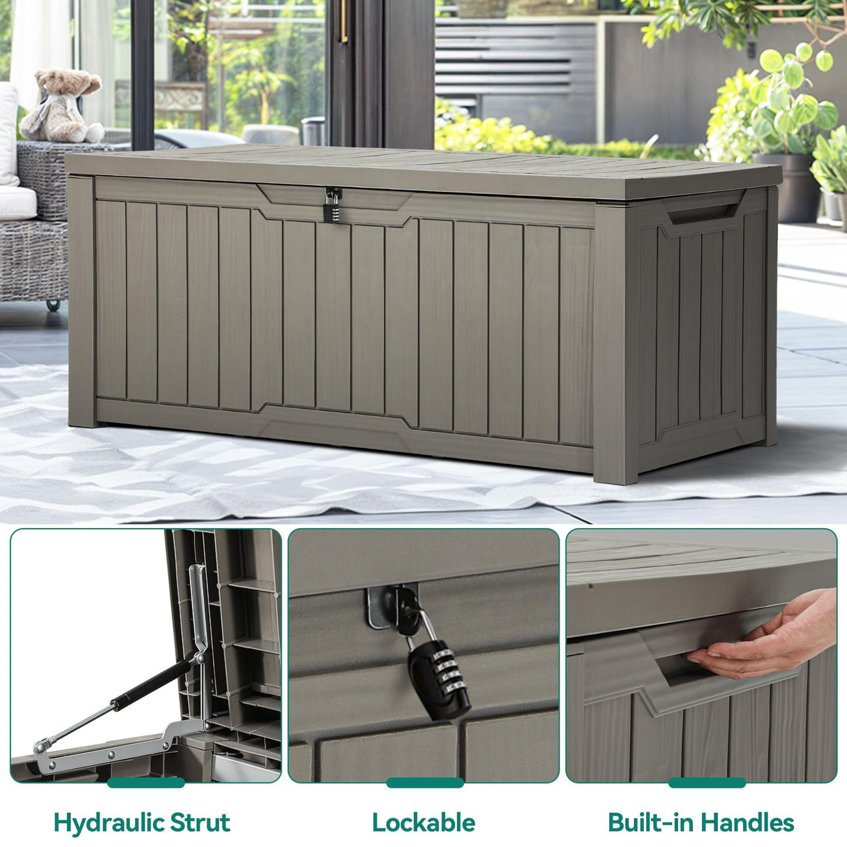 YITAHOME Outdoor Storage Box, 120 Gallon Waterproof Deck Box for Garden Tools, Patio Cushions, and Pool Accessories, Lockable, Easy Assembly, Versatile Bench or Table (Light Brown)