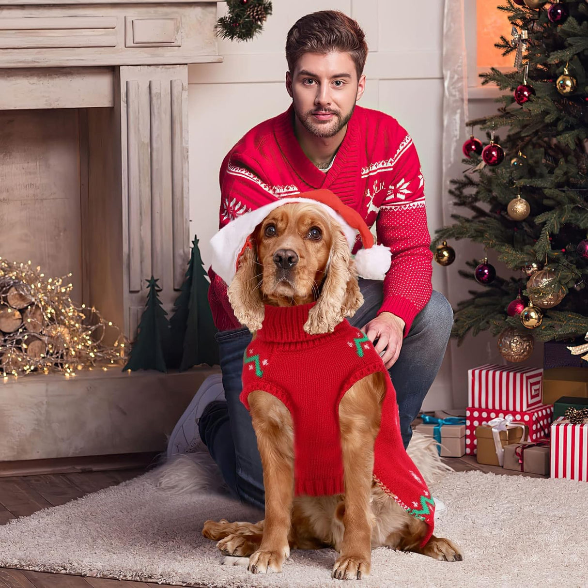 HUMLANJ Christmas Dog Turtleneck Sweater Winter Reindeer Snowflake Sweater with Leash Hole Puppy Knitwear Pullover Holiday Sweaters for Small Medium Large Dogs XXL