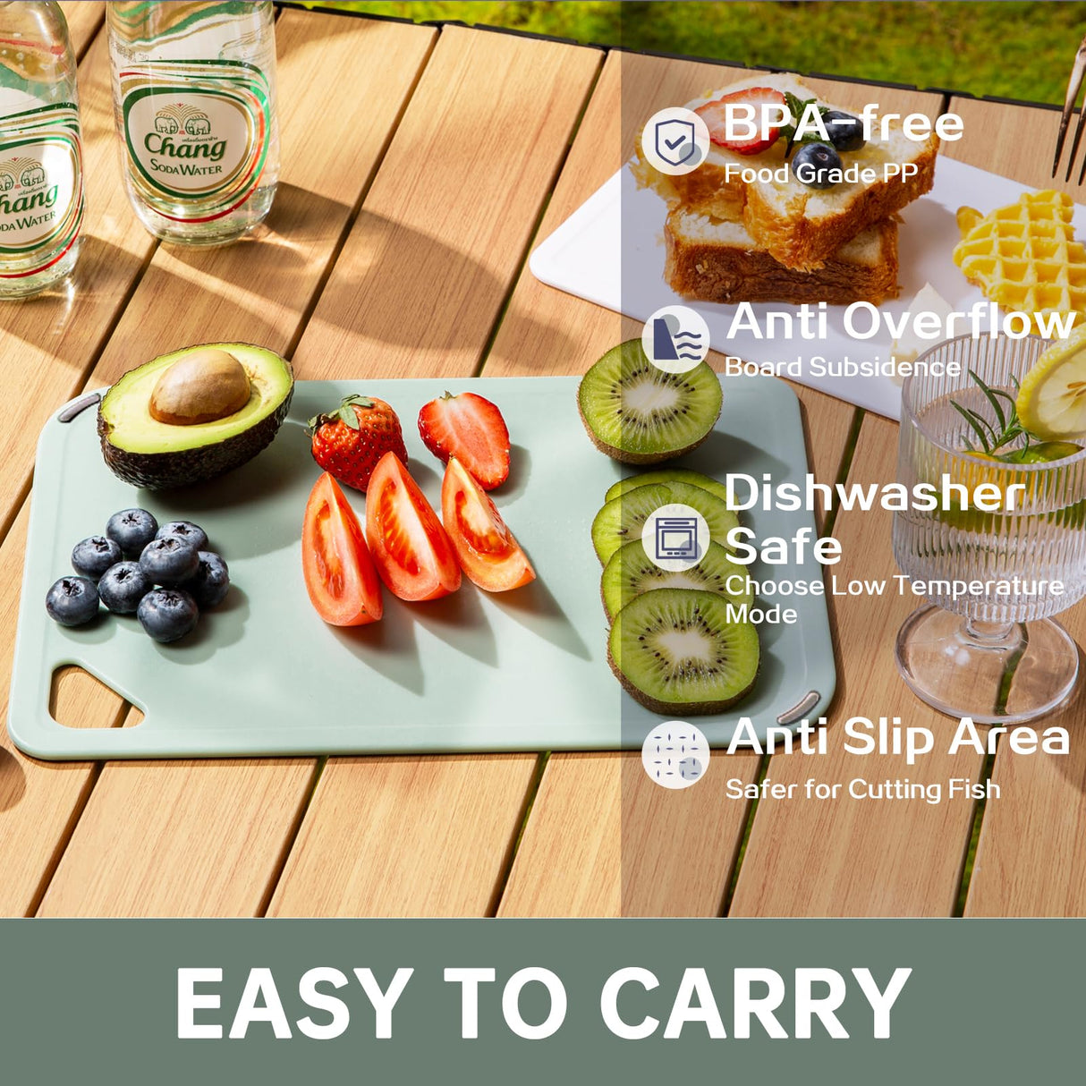 Plastic Cutting Board Set of 3-Cutting Boards for Kitchen BPA Free, Large-Small Chopping Boards Non-Slip for Cooking Camping Dishwasher Safe, Reversible, with Grip Handle, 15"×10"×0.25" Green