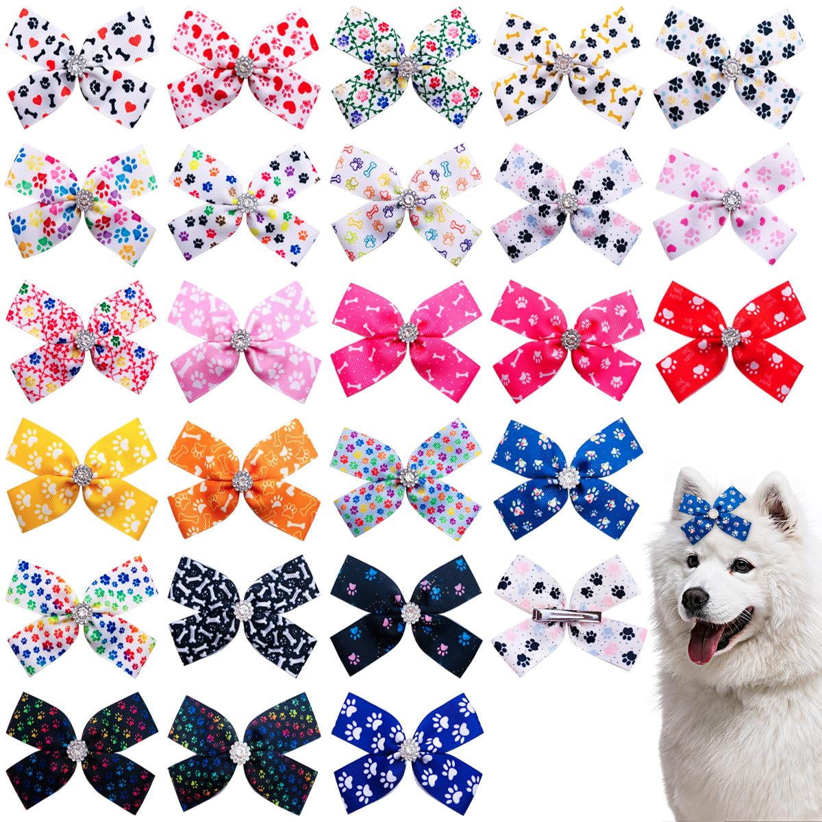 PET SHOW 50Pcs/25Pairs 4" Paw Pattern Big Dog Hair Bows Bulk with Alligator Clips for Medium Large Dogs Puppy Female Bowknot Topknot Girl Boy Pet Grooming Hair Accessories