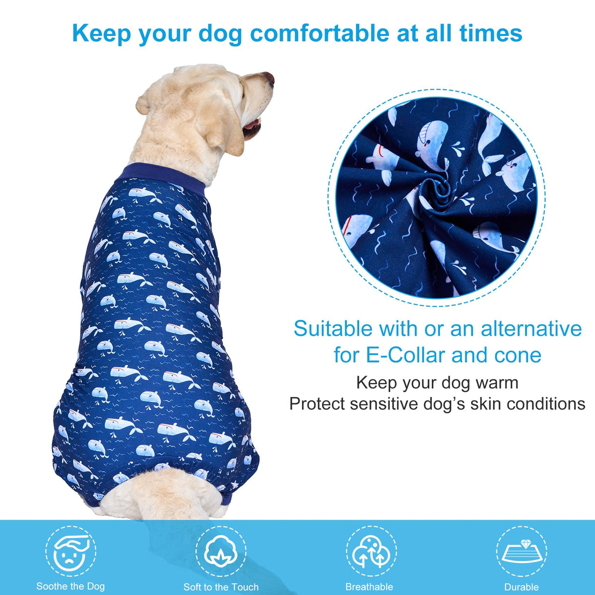 LovinPet Large Dog Outfit, Dog Onesie for Surgery, Large Breed Dog Pajamas, Lightweight Navy Whale Print, Pet Pajamas for Dogs, UV Protection Shirt for Dogs, Pitbull Clothes,Blue,3XL