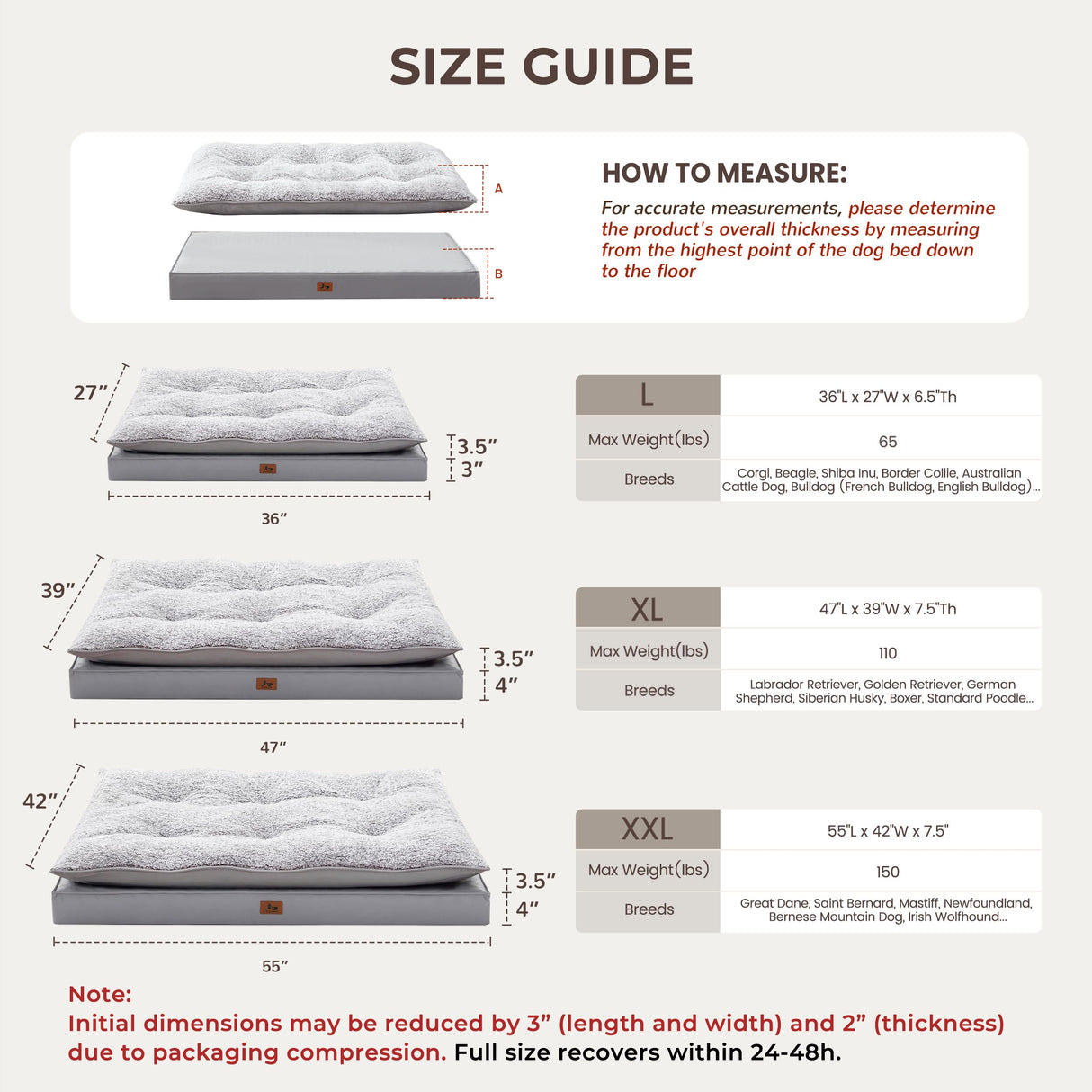 Warmrest 2-Pack Waterproof Dog Bed Medium Size Dogs, Plush Cushion & Orthopedic Egg-Crate Foam Mattress for Senior Dogs, Washable Dog Crate Bed with Removable Cover, Light Grey