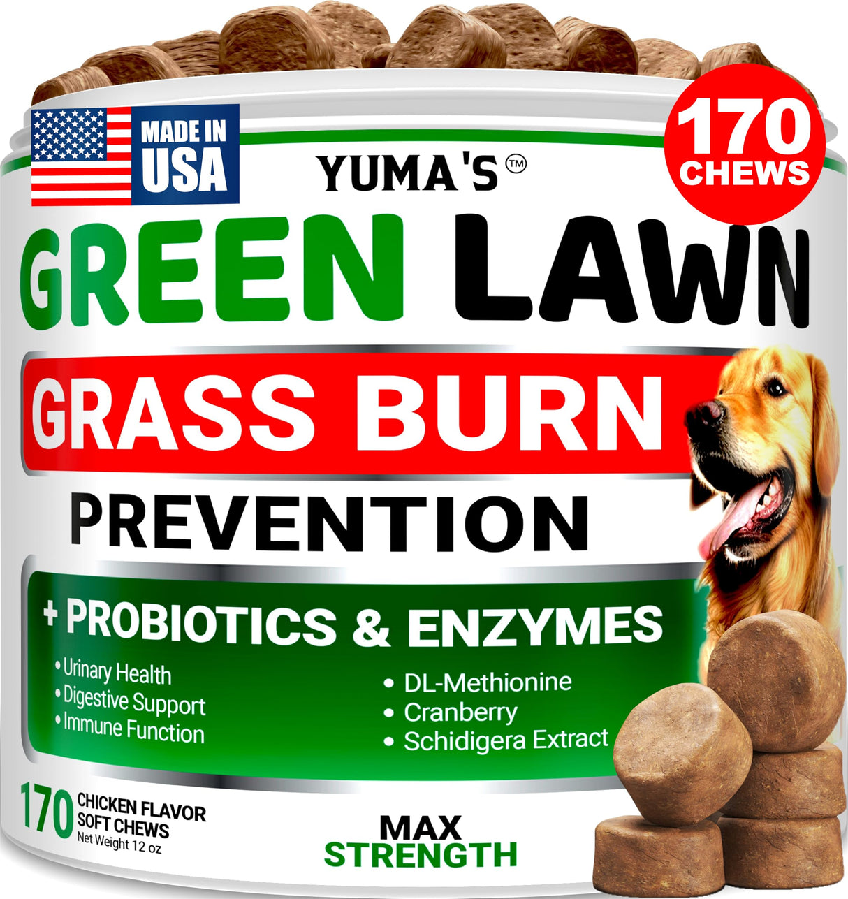 YUMA'S Dog Urine Neutralizer for Lawn - 170 Chews - Advanced Grass Green Savers for Dog Urine - Canine Pee Grass Neutralizer Supplement - Green Lawn Treats with Probiotics and Digestive Enzymes