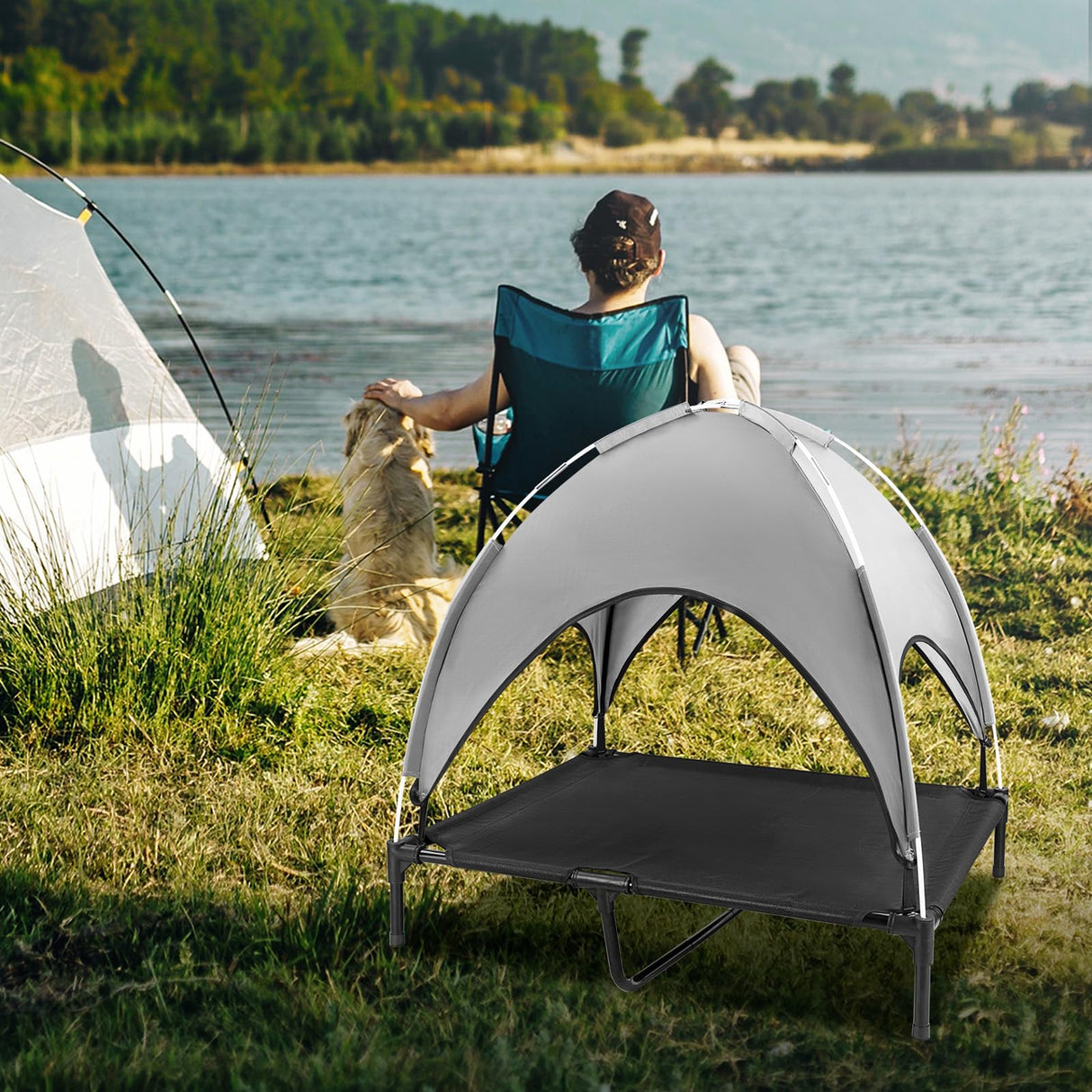 Elevated Outdoor Dog Bed with Canopy, Raised Dog Cot with Shade, Waterproof Dog Tent for Medium Large Dogs Portable Cooling Pet Bed with Breathable Mesh for Camping Beach, XL