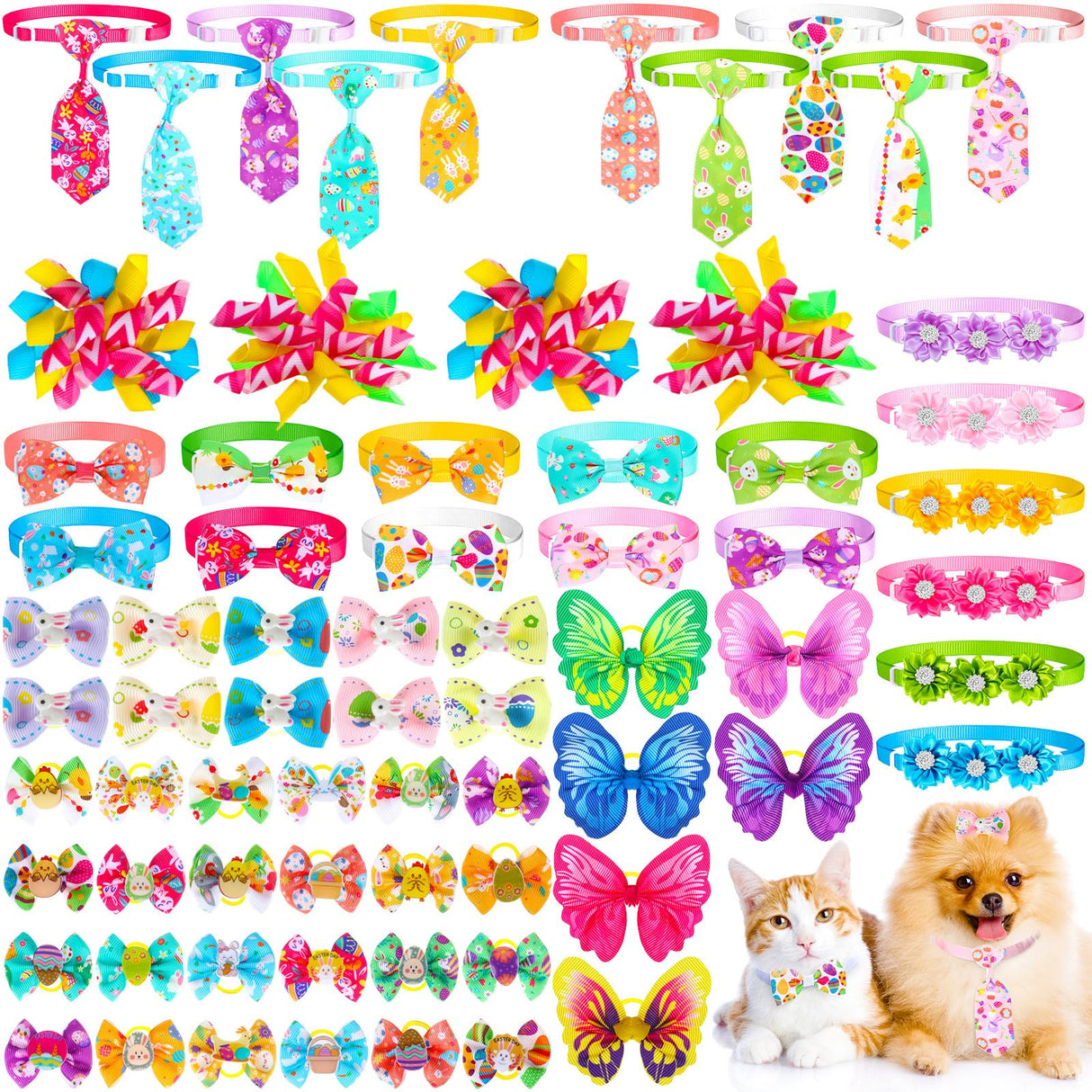 Reginary 70 Pcs Easter Dog Bow Ties Collar Set Adjustable Grooming Hair Bows Rabbit Eggs Butterfly Rhinestone Pattern Neckties for Spring Easter Puppy Cat Supplies