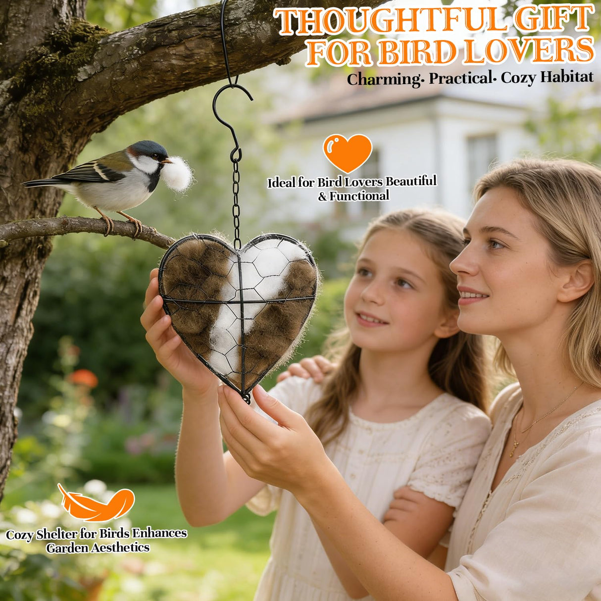 Handmade Alpaca Fiber Bird Nesting Heart, Birds Nests Material Holder, Hummingbird Houses Nest Boxes, Winter Tree Shelter for Wild Birds, Gifts for Outside Garden Art Birdhouse, Birds Lovers (1)