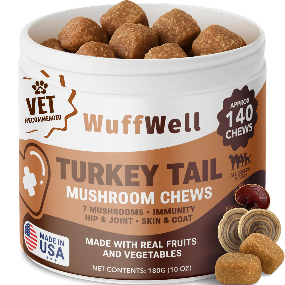 WuffWell Turkey Tail Mushrooms for Dogs – Mushroom Supplement for Dogs Immune Support – Aids Lumps & Bumps – Mushroom Powder for Dog – Vet-Recommended – Dog Mushrooms Powder – Made in USA - 140ct