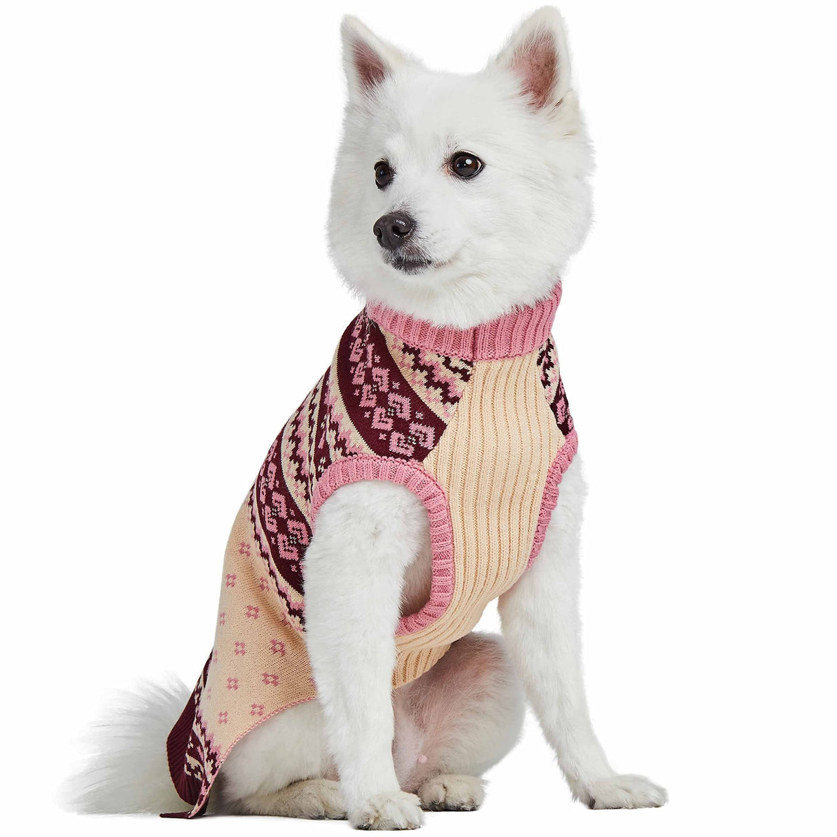 Blueberry Pet Heart Designer Chic Turtleneck Fair Isle Fall Winter Pullover Dog Sweater in Pink, Back Length 10", Warm Clothes for Small Dogs