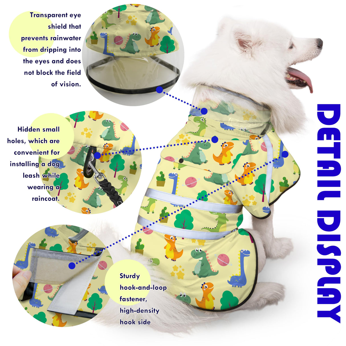 Eiaayer Dog Raincoat, Adjustable Rain Jacket with Hooded Double Layer for Large Medium Small Dogs Puppies, Lightweight Waterproof Rain Coat Poncho with Reflective Stripe Dinosaurs Yellow,S