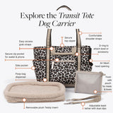 Cleverpup Transit Tote Dog Carrier for Small Dogs up to 8 lbs, 16x11x8 Soft-Sided 4-Pc Set with Waterproof Base, Plush Insert, Food Pouch, Mesh Head Opening - Small, Leopard