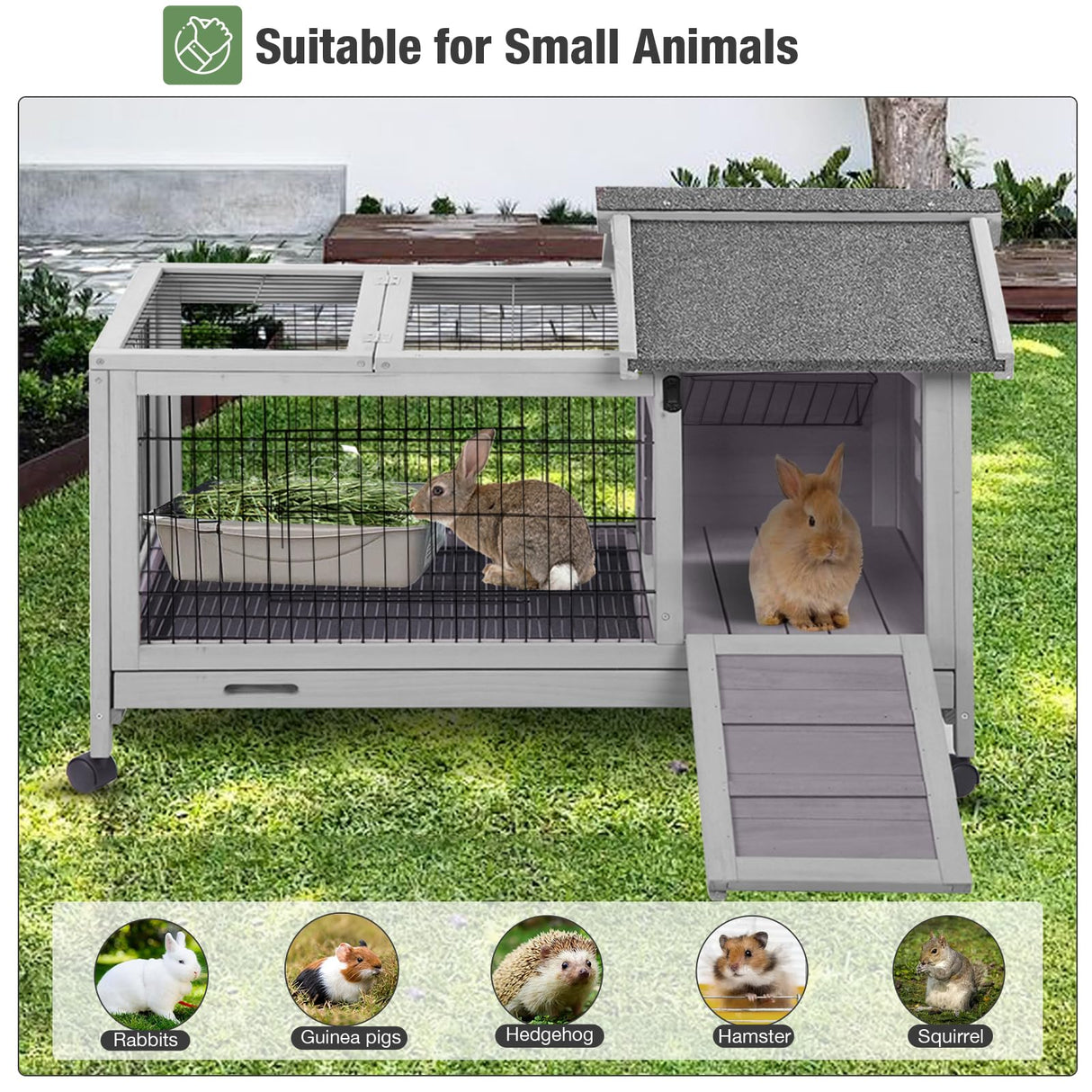 Wooden Rabbit Hutch Indoor and Outdoor, Rabbit Cage with Removable Wire Netting and Leak Proof Tray, Mobile Bunny Cage with Wheels