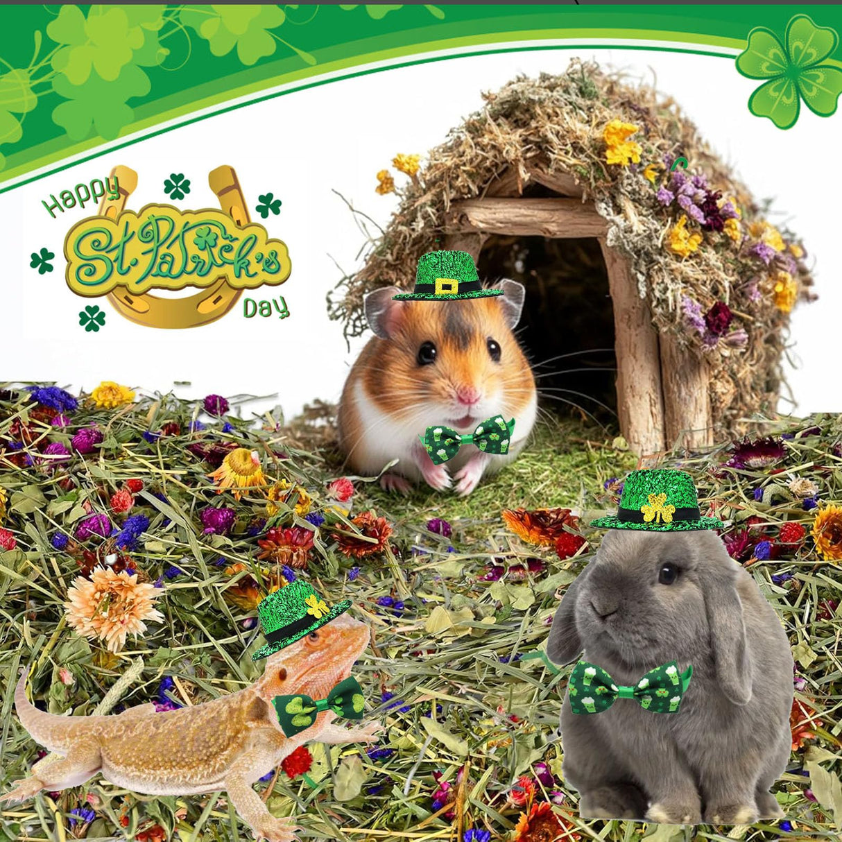 4 Pack St. Patrick’s Day Costume Small Animal Leprechaun Hats Rabbit Shamrock Bow Tie Irish Outfit for Bunny Hamster Guinea Pig Ferret Sugar Glider Lizard (Small)