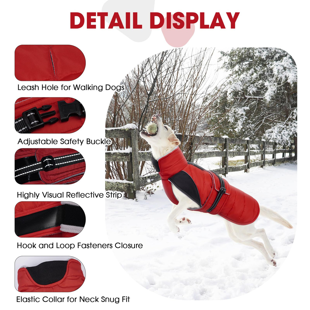 Nanaki Warm Dog Coats for Winter, Fleece Lined Furry Collar, Waterproof Reflective Dog Snowsuit with Leash Hole for Outdoor Walking Hunting, Easy On Cold Weather Puppy Jacket Vest, Beagle, Red L