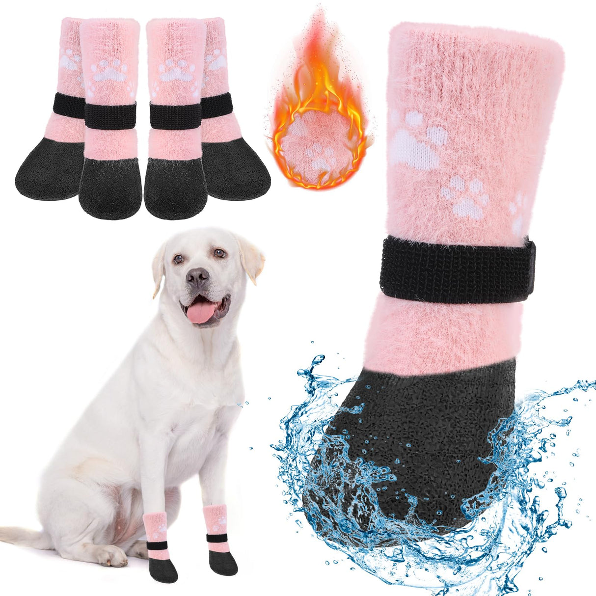 BEAUTYZOO Dog Boots - Warm & Waterproof Dog Booties & Paw Protectors, Anti-Slip for Hardwood Floor, Small to Senior Sizes, Pink