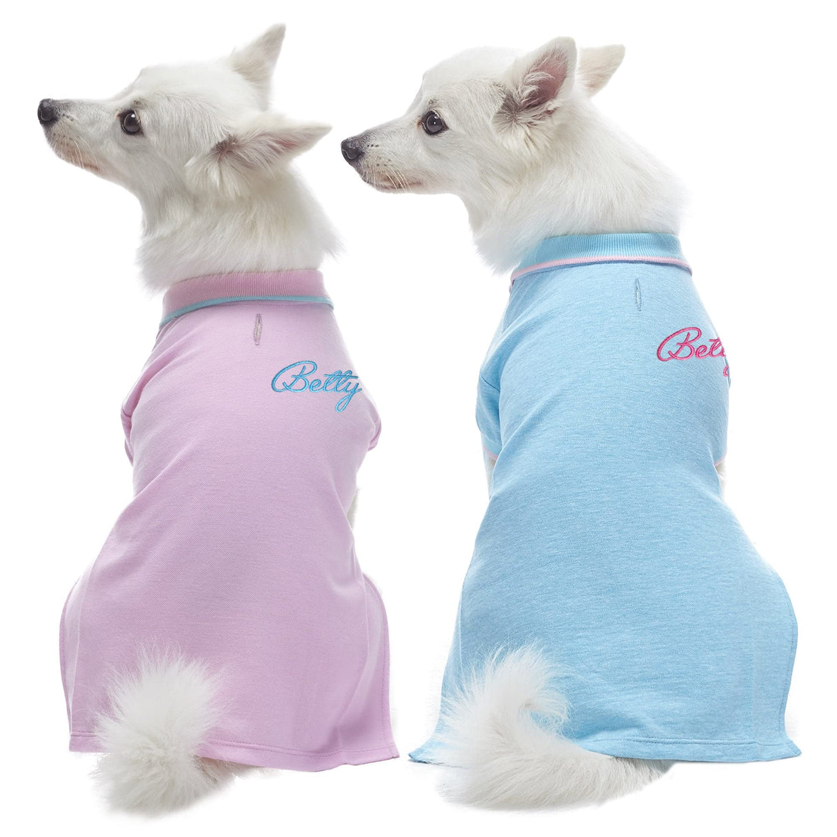 Blueberry Pet Back to School 2-Pack Custom Personalized Prep School Style Dog Polo w/Embroidered Name| Cotton Outfit for Small Pets in Pastel Pink + Blue, Back Length 16 inch
