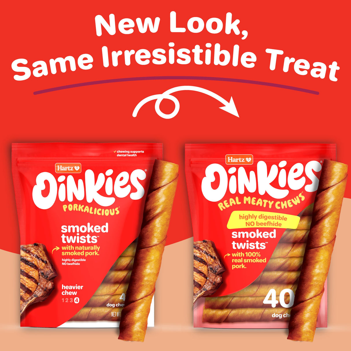 Hartz Oinkies Smoked Twists with Naturally Smoked Pork Rawhide-Free Dog Treats, Highly Digestible Long Lasting Dog Chews, 40 Count