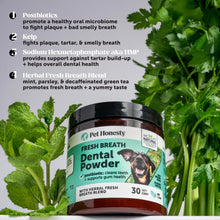 Load image into Gallery viewer, Dog Breath Freshener Dental Powder for Teeth Cleaning Plaque Off, Dental Care for Large Dogs, Tartar Remover for Teeth with Natural Herbal Blend + Postbiotics (Mint - 60 Servings)
